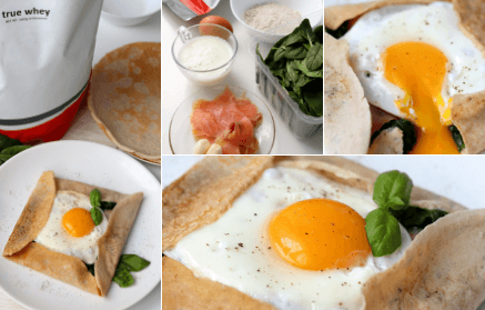 Fitness Rezept: Salzige Eiweißpfannkuchen mit Spinat, Lachs und SPiegelei gefüllt